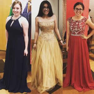 Three girls in prom dresses