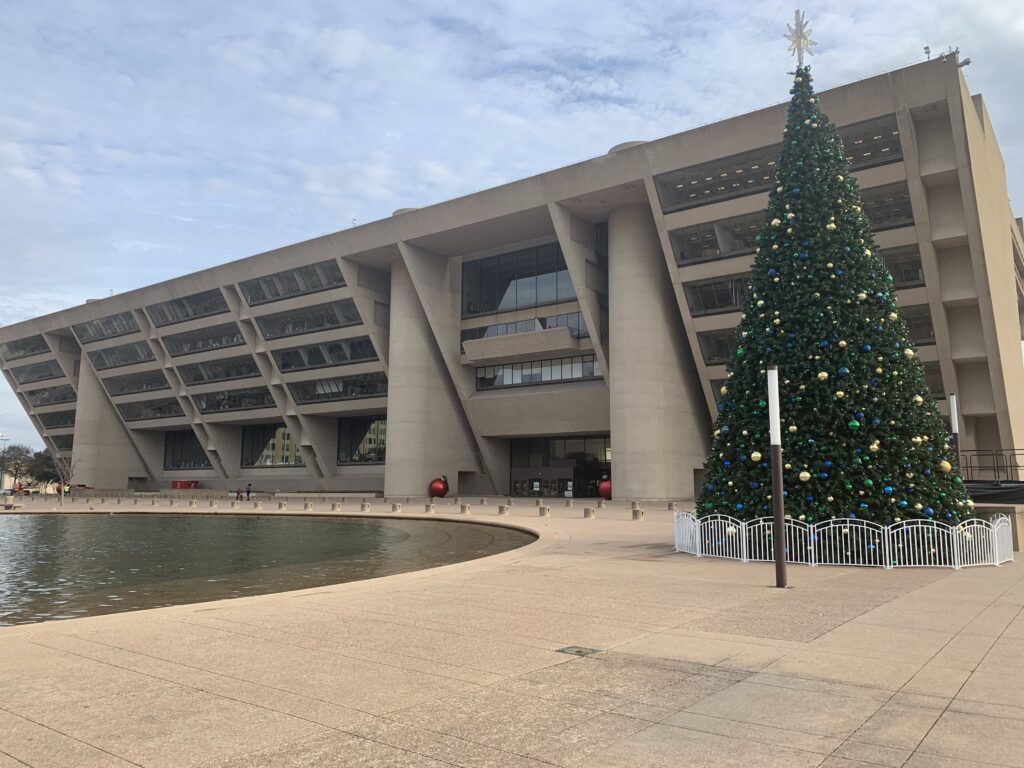 City Hall Plaza and a large holiday tree