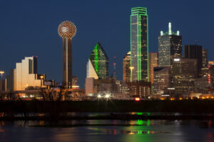 Downtown,Dallas,,Texas,At,Night,With,The,Trinity,River,In